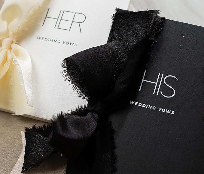 Black White His Her Slim Vow Books w/Ribbon (Set of 2) - 5.625 x 4" Minimalist Pocket Sized Modern Wedding Ceremony Vow Renewal Speech Notebook Journal