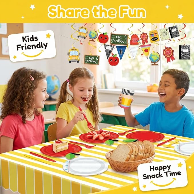 129PCS Apple Pencil Back to School Party Supplies Serves 20, Preschool Kindergarten First Day Classroom Decor Kit Plates Cups Napkins Cutlery Straws Swirls 2 Tablecloths & Banner Kids Graduation