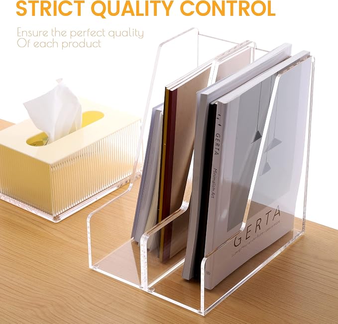 HeZone Magazine Holder, Clear Acrylic Desk Organizers, File Organizer for Desk, Magazine Rack- Desktop Book Storage -Independent Vertical 1 Space-2 Pack