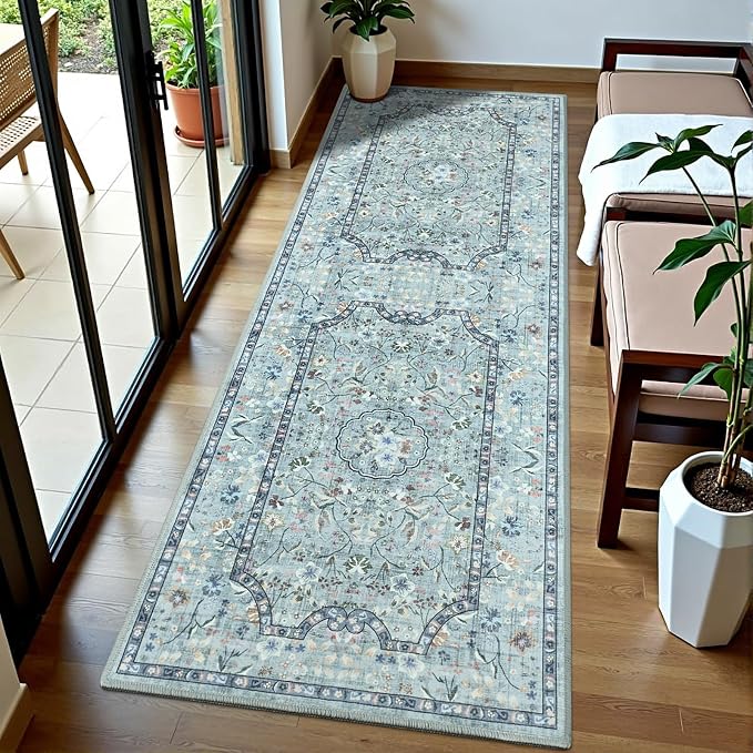 Vasofe 2x6 Area Rug for Bedroom, Ruuner Rugs for Entryway, Kitchen, Hallway, Non-Slip Washable Carpet Soft Low Pile Vintage Floral Blue Mat Front Door Mats for Indoor Laundry Bathroom