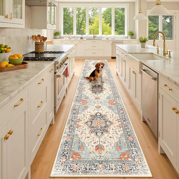 RELEANY Area Rugs Runner 2'x10' Washable Non-Slip, Floral Vintage Distress Medallion Carpet for Kitchen Hallway Bedroom Beside Laundry Room Bathroom, Beige Navy Blue Orange Colorful