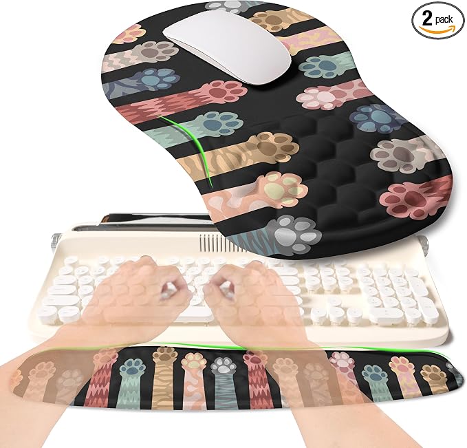 2-in-1 Ergonomic Set, Wave Rise Keyboard Wrist Rest and Massage Bulge Slope Mouse Pad Wrist Support, Cushion Memory Foam Integrated to Relieve Wrist Pain, Multicolour Cat Claws