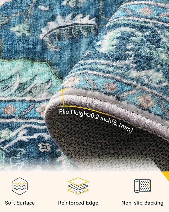 RELEANY Area Rugs 5'x7' Washable Non-Slip, Floral Vintage Distress Medallion Carpet for Living Room Bedroom Dining Room, Teal Green Lake Blue Turquoise