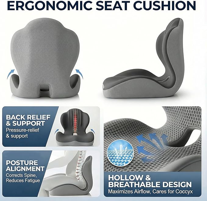 Ergonomic Seat Memory Foam Support Cushion for Back, Car Seat Back Support Cushion for Sciatica Tailbone Pain, Office Desk Chair Car Travel Seat Cushion (Grey)
