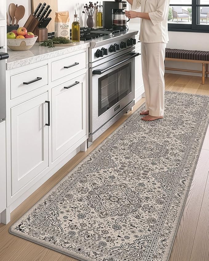 DEXI Kitchen Mats for Floor Cushioned, 23x107 Wide Runner Rug Non Slip, Waterproof Soft Comfort Standing Padded Anti Fatigue Decorative, Brown and Grey