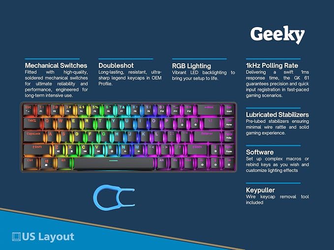 Geeky GK65 SE 65% | Mechanical Gaming Keyboard | 68 Keys Multi Color RGB LED Backlit for PC/Mac Gamer | ANSI US American Layout (Black, Mechanical Red)
