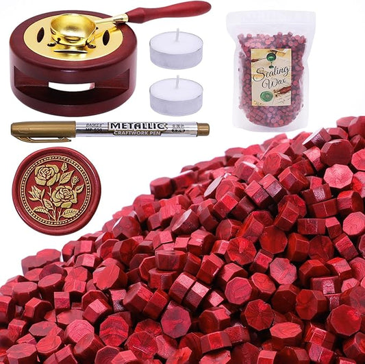 SWANGSA Sealing Wax Kit, 1450pcs Sealing Wax Beads Metallic Red, Wax Seal Warmer, Wax Spoon, Gold Wax Seal Pen and Tealight Candles for Wax Stamp Letter Sealing