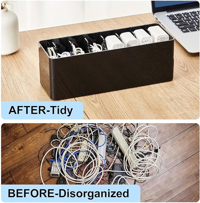 Tatuo 1 Pcs Cord Organizer for Drawer Desktop, Cable Organizer Box with 8 Compartments and Wire Ties, Plastic Charger Storage with Lid, Electronics Case for Home Office Accessories (Small,Black)