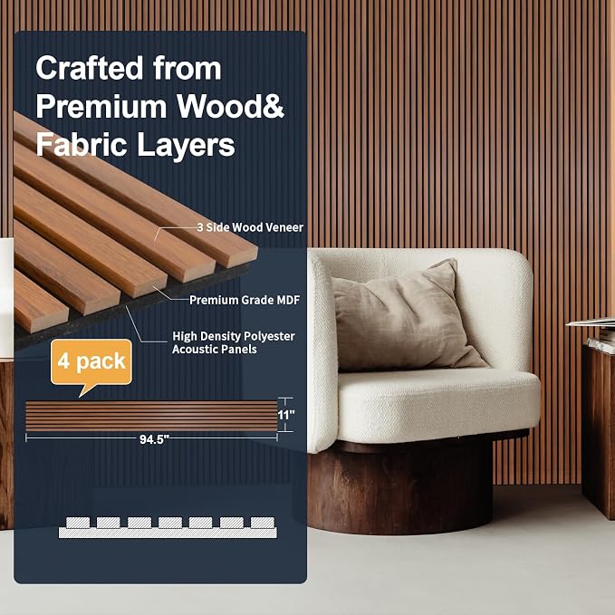 NeatiEase Wood Panels for Wall, 4-Piece 94.5" x 11" Soundproof Wood Slat Wall Panel for Interior Wall Decor Noise Cancelling, Acoustic Wall Panels, Sound Absorbing Panel (Teak)