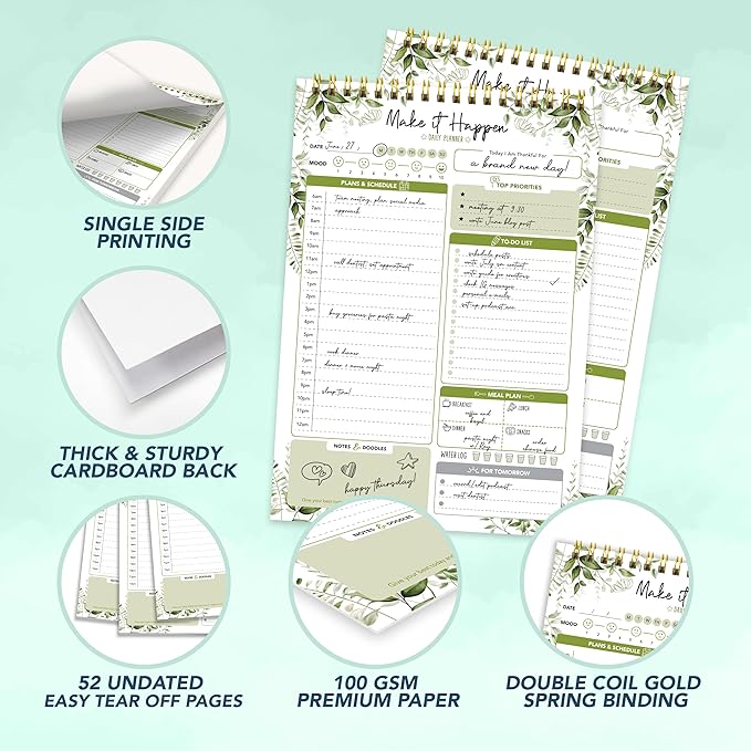 Decorably 52 Sheets Forest Green Undated Daily Schedule Notepad - 6.5x10in Spring-Bound, Easy Tear-Off, to Do List, Schedule, Priorities, Agenda, Water Intake, Meals, Notes and Doodles - Home, Office