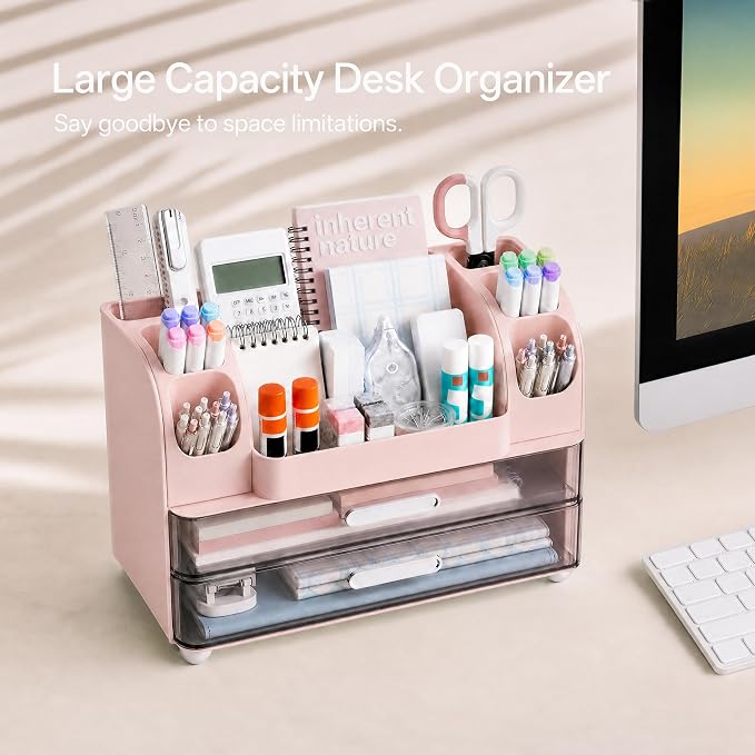 HBlife Desk Organizer with Pencil Pen Organizer for Desk, Pen Holder with 2 Drawers, Desk Organizers and Accessories with Compartments, Desktop Storage for Office Home School Art Supplies, Pink