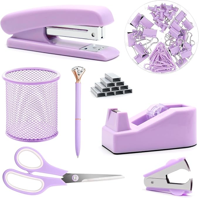 Purple Office Supplies, Purple Desk Accessories, Stapler, Staple Remover, Tape Holder, Pen Holder, Ballpoint Pen, Scissor, Binder Clips, Paper Clips and 1000pcs Staples.