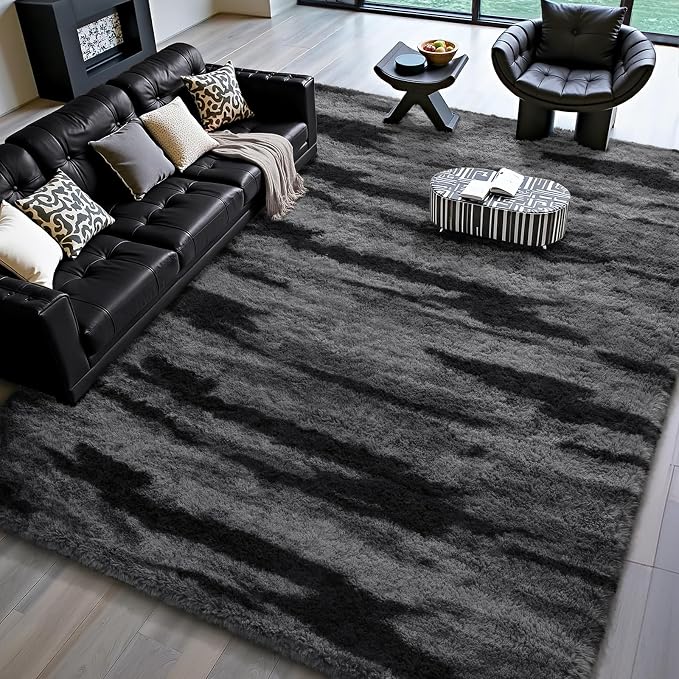 HOMORE 6x9 Area Rug for Living Room, Black and Grey Fluffy Furry Shaggy Rugs for Bedroom, Super Soft and Comfy Carpet for Kids Room, Cute Carpets for Nursery Girls Home Decor
