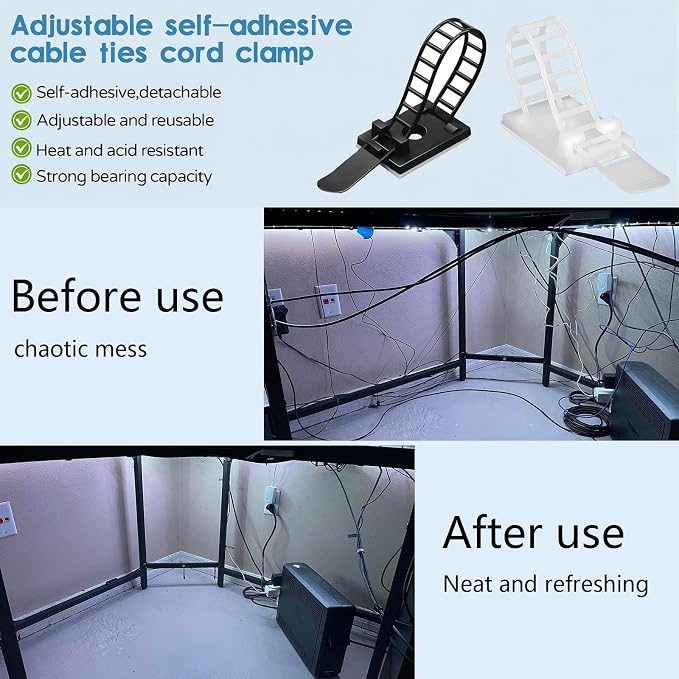 Adjustable Adhesive Cable Management Clips 100Pcs, Large self Adhesive Cable Ties Clips ，Suitable for Cable Management Under desks and on Walls (White)