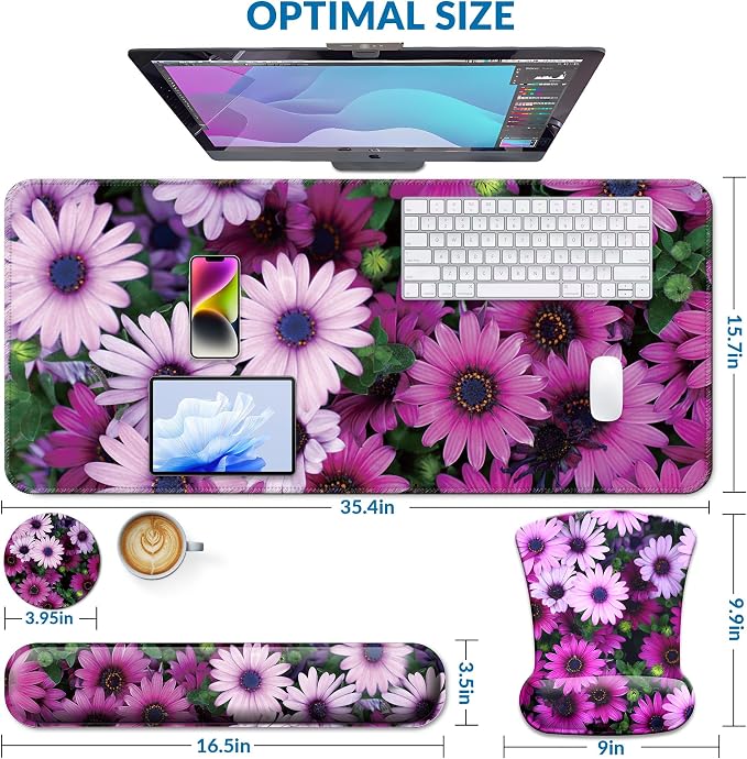 Desk Mat Set + Keyboard and Mouse Pad with Wrist Rest Support,4-in-1 Large Mousepad Computer Mats for Desktop Home & Office -Daisy
