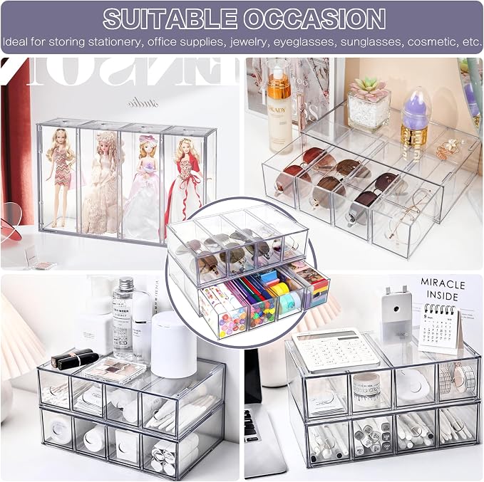 Desk Organizer with 8 Drawers, 2-Pack Stackable Desktop Storage Box | Clear Sunglasses Organizer, Display Case, Removable Drawers, For Stationery, Markers, Pens, Eyeglasses, Office Supply
