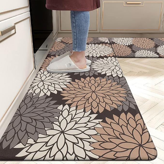 HEBE Anti Fatigue Kitchen Rugs Set of 2, Cushioned Kitchen Mats for Floor | Non Slip Washable Kitchen Runner Rug Set, Floral Stain Resistant Waterproof Comfort Mat Carpet for Sink, Standing Desk