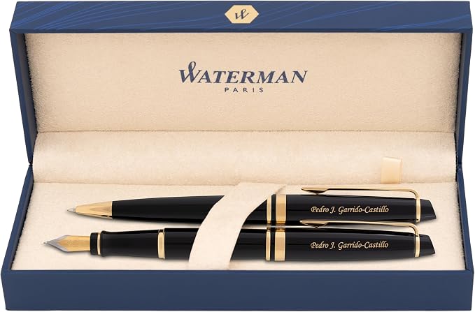 Waterman Expert Engraved Fountain and Ballpoint Pen Set, Black Lacquer with 23K Gold Trim, Mysterious Blue and Black Ink, Gift for Retirement, Board Members, Senior Partners, Career Advancement