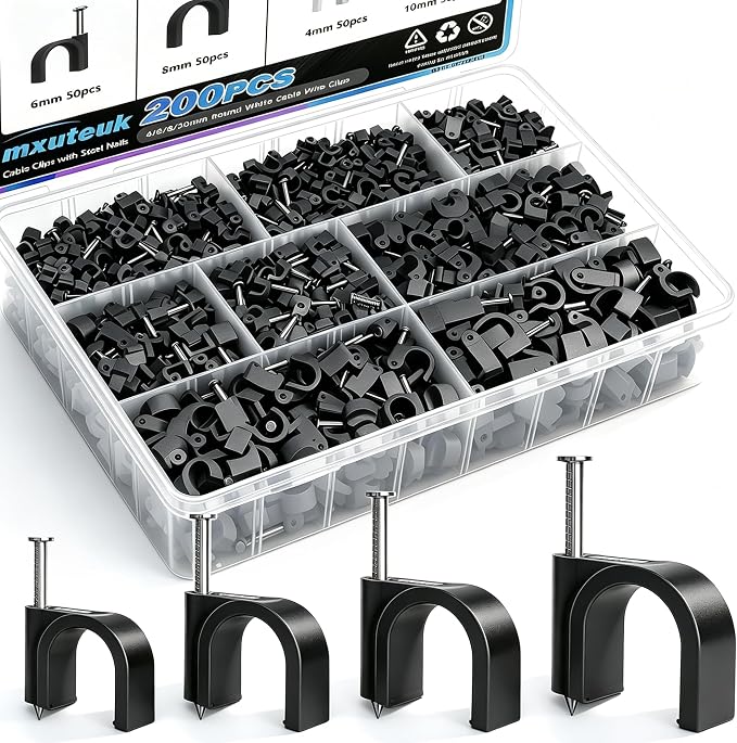 mxuteuk 200PCS Cable Clips with Steel Nails,4/6/8/10mm Round Black Cable Wire Clips,Wall Clips for Cords,Cable Cord Clips for RG6 RG59 CAT6 RJ45
