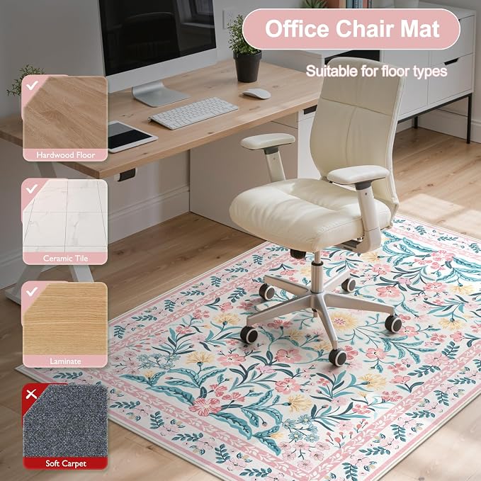 Anidaroel 48"x60" Office Chair Mat for Hardwood Floor/Tile Floor, Anti-Slip Floral Desk Mat for Chair,Boho Desk Rug for Office, Low Pile Office Rugs for Rolling Chairs, Blush Pink Floor Protector Rug