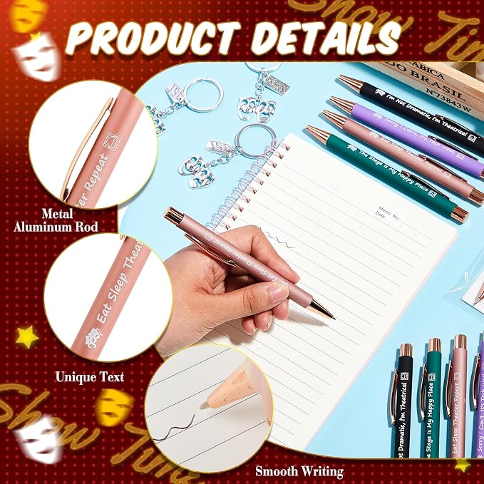 Sayglossy 24 Set Theater Gifts Drama Mask Keychain Ballpoint Pen with Quotes Comedy Tragedy Mask Theatre Keychain Performer Theatre Lover Gift for Women Men Friends Actors Drama Students Reward