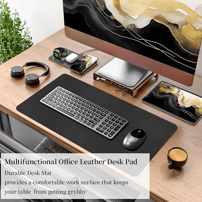 Bloss Black Leather Desk Mat Protector,Laptop Desk Pad,Desk Writing Pad,Leather Mouse Pad,Office Desks Mats,Desk mat for Keyboard and Mouse,Dual-Side Computer Mouse Pads for Office/Home.23.6"x 13.8"