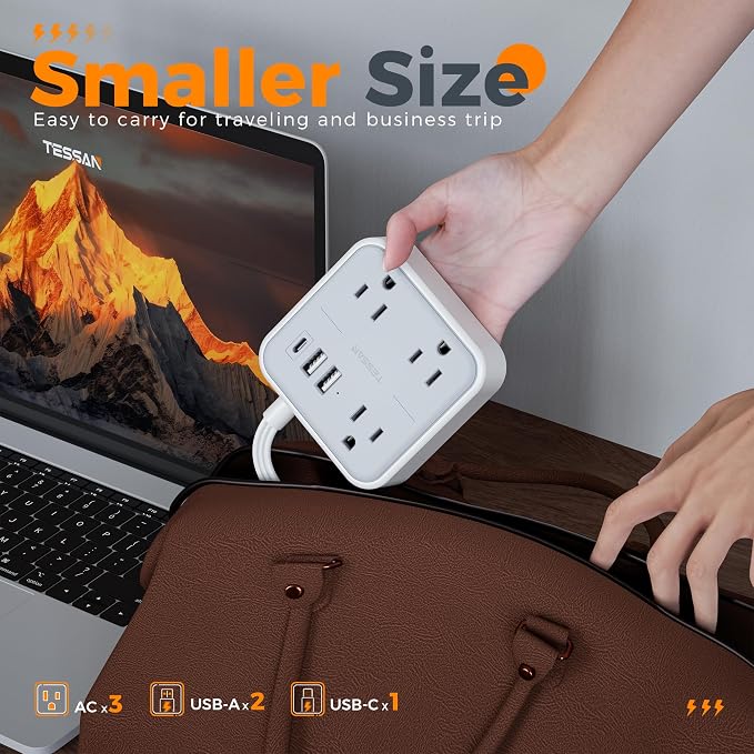TESSAN Ultra Thin Flat Extension Cord 5 FT, Slim Power Strip with USB Ports (1 USB C), Surge Protector Flat Plug Wall Charger with 3 Outlets for Office, School, Dorm Room Essentials