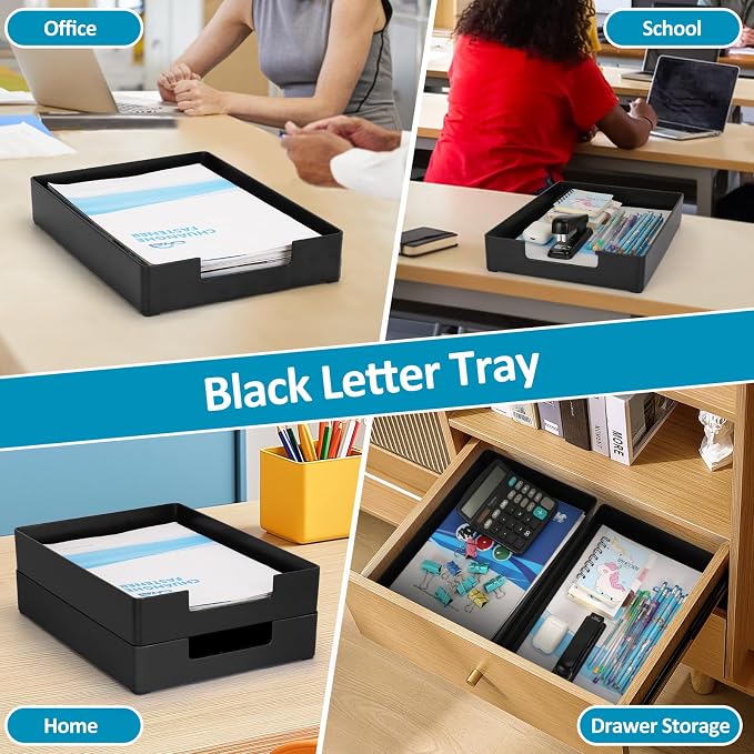Letter Size A4 Papers Tray Desk Drawer Organizer Tray A4 Plastic Letter Paper Stationery Desk Accessories, Black Holder File Organization for Office, School, Home Storage (2 Pack)