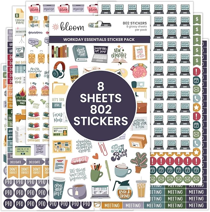 bloom daily planners Workday Essentials Planner Stickers - Productivity Variety Pack for Business Professionals - 8 Sheets / 802 Stickers - Meetings, Deadlines, Payday Icons for Work & Office