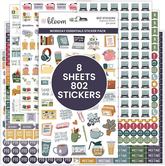 bloom daily planners Workday Essentials Planner Stickers - Productivity Variety Pack for Business Professionals - 8 Sheets / 802 Stickers - Meetings, Deadlines, Payday Icons for Work & Office