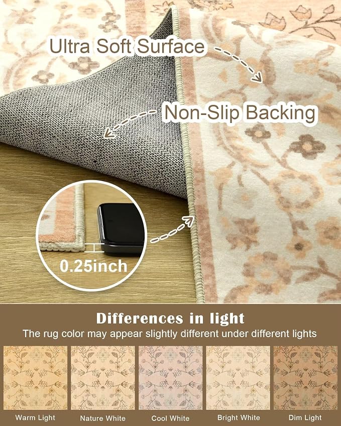 6x9 Area Rugs for Living Room, Boho Washable Bedroom Rug, Vintage Floral Non Slip Rugs, Soft Low Pile Carpet for Kitchen Dining Room Office Farmhouse, BCinnamon Orange