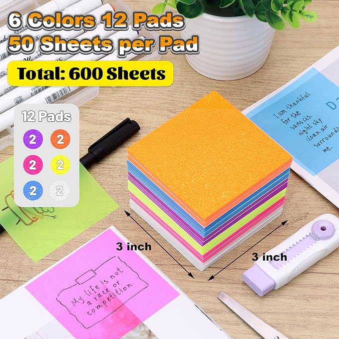 Transparent Sticky Notes 600 Sheets, Frosted Glitter Gummy 3x3 Inch, High Glass-Like Clear See Through Post Self-Adhesive Notes for Women Office School Teacher Planer Bible Supplies 12 Pads