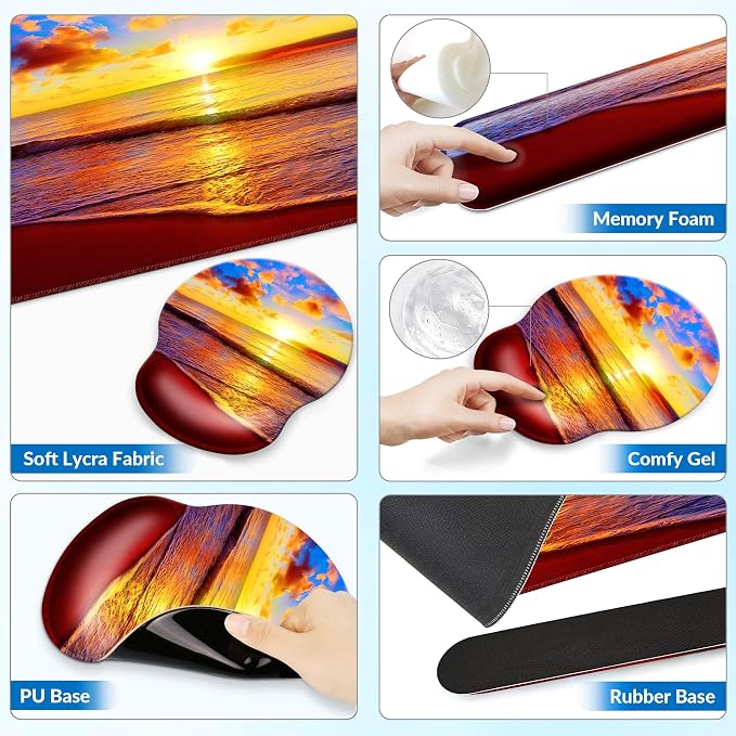 Desk Mat Set + Keyboard and Mouse Pad with Wrist Rest Support,4-in-1 Large Mousepad Computer Mats for Desktop Home & Office-Golden Beach