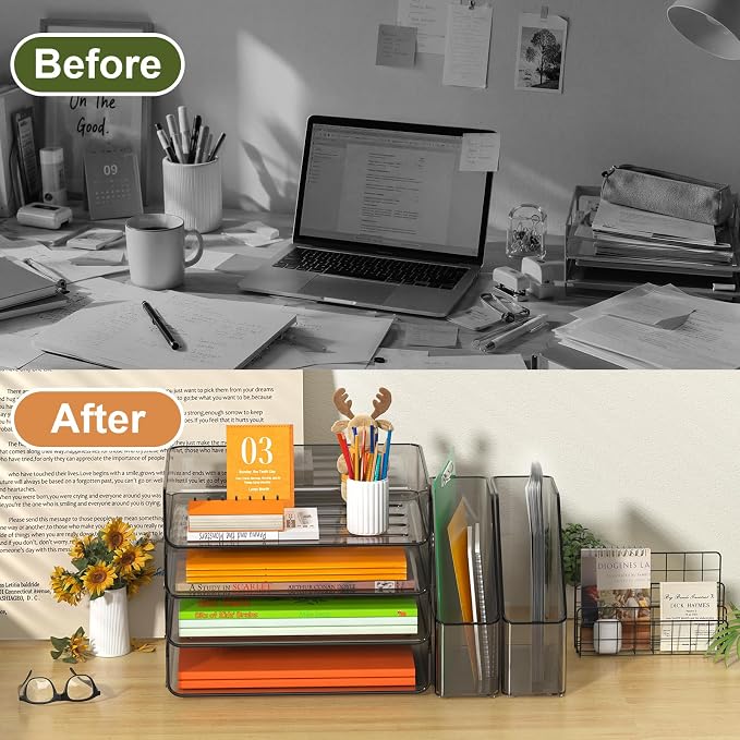FANXIYQ 4-Tier Brown Acrylic Paper Tray Organizer with 2 Bookends | Tool-Free Stackable 1-4 Tier Design with 2 Bookends for Files, Folders and A4 Paper; For School, Home Office and Study Room