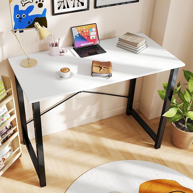 OLIXIS 47 Inch Computer Office Desk for Small Spaces, Writing Gaming Work Desk Modern Study Table with Metal Frame Home Bedroom, White