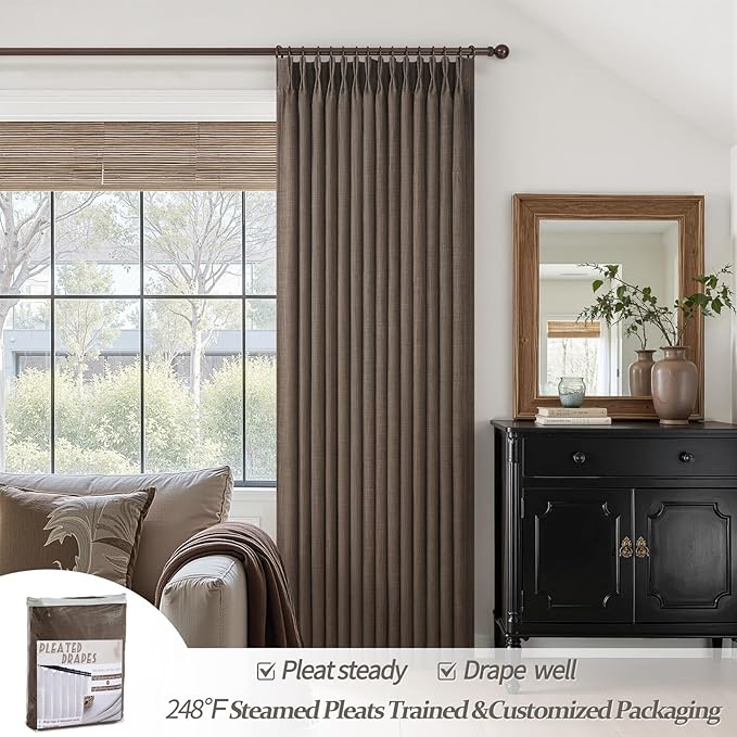 Natural Linen Dark Brown 92 Inch Curtains 2 Panels Set for Office, Blackout Memory Trained Pinch Pleated Noise Blocking Country Curtain with Hooks & Rings Kids Room 90-92 Inches Long Windows Drapes