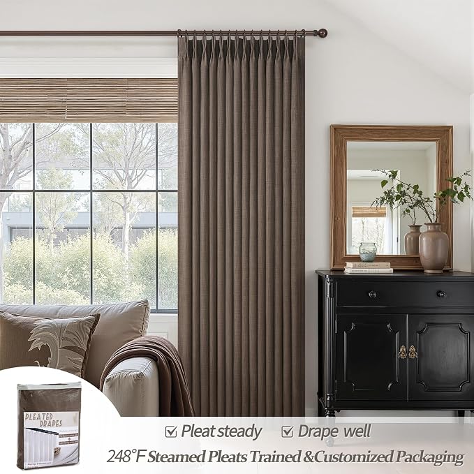 Pinch Pleat Dual Layer Linen Curtains 102 Inches Long for Living Room 2 Panel Set, Memory Trained Pleated Dark Brown Blackout Farmhouse Insulated Soundproof Window Burg Sliding Glass Door Viral Drapes