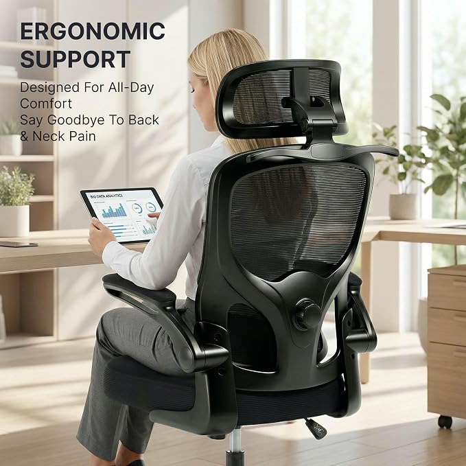 Ergonomic Mesh Office Chair,330LB Capacity High Back Desk Chair with Adjustable Lumbar Support, Adjustable Headrest & Flip-Up Arms,Breathable Computer Chair for Home Office,Work & Study,2pcs