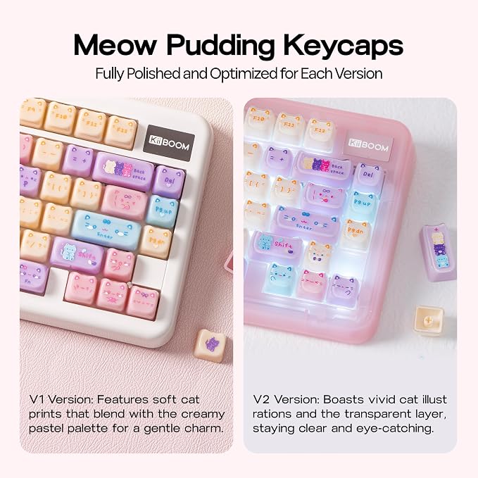 KiiBOOM Cute Cat Keycaps Set, Mao Profile, PC Keycap for MX Switches Mechanical Keyboard, Compatible with 60%, 65%, 75%, TKL, 96%, Full-Sized Layout (Meow Pudding V2)