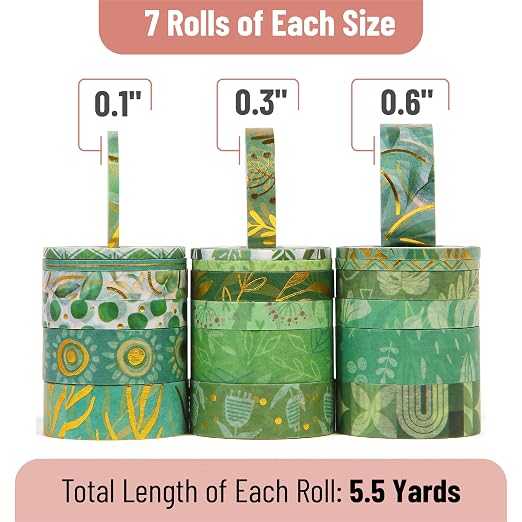 Mr. Pen- Washi Tape Set, 21 Rolls, Assorted Sizes, 5.5 Yards/Roll | Washi Tape for Scrapbook, Arts, Crafts, Journals and Planners, Greenery Summer Design