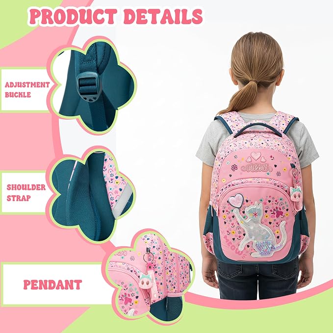 Backpack for Girls,Kids Backpack for Girls with Lunch Box Pencil Case Set Cute Cat Kids Schoolbag for Girl,Lightweight Travel Daypack Birthday Christmas for Girl Back to School Supplies