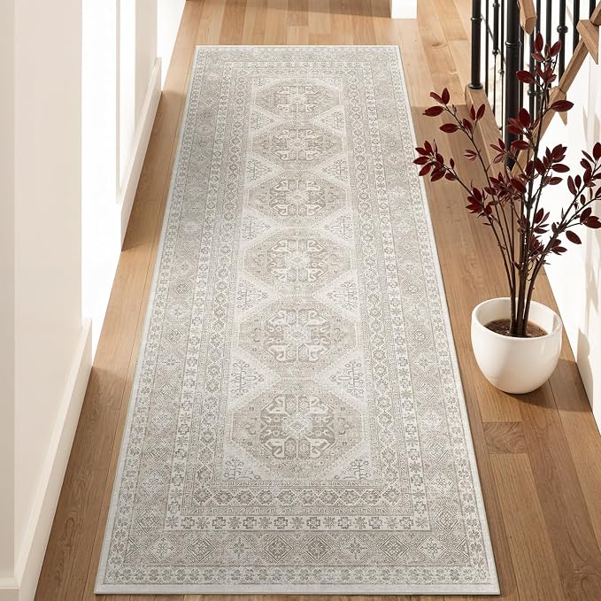 3x8 Runner Rug Kitchen Washable:Oriental Indoor Hallway Runners with Non Slip Backing Floor Mat for Entryway Door Low Pile Thin Carpet for Bedroom Bathroom Living Room Bedside (Beige, 3x8)