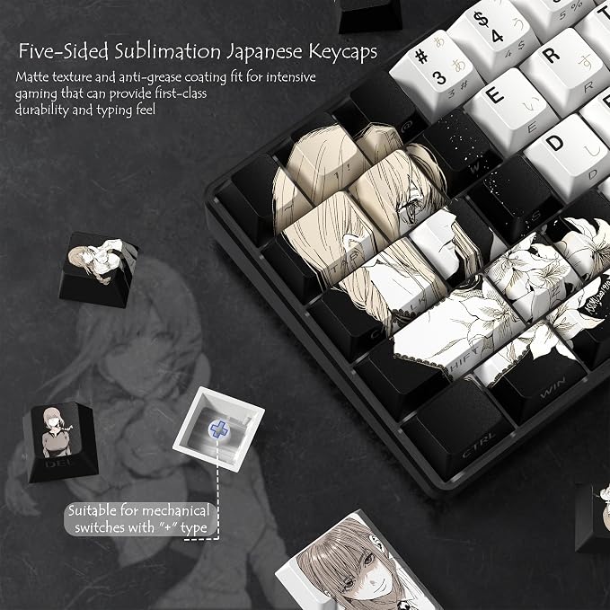 Rainy Japanese Anime Keycaps 60 65 75 100 Percent,Cherry Keycaps130 Keys PBT Dye Sublimation Custom Keycaps Set for Mechanical Keyboard 61/64/75/84/87/104/108 Layout with Key Pulle (Black)