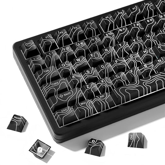dagaladoo Double Shot PBT keycaps 118 Keys Set Black Topographic Shine Through Custom keycaps Cherry Profile Custom Keyboard Key caps for 60/65/75/TKL/96/100% US Layout Mechanical Keyboard