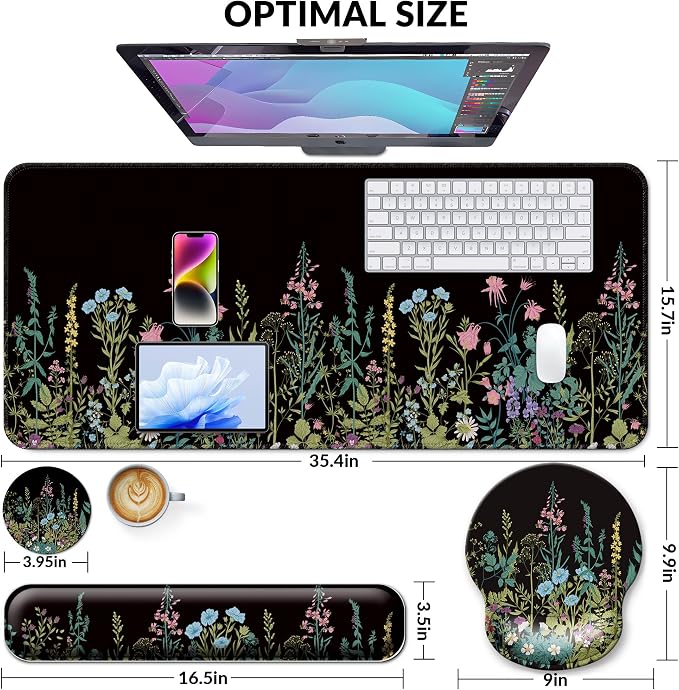 Desk Mat Set Keyboard and Mouse Pad with Wrist Rest Support | Ergonomic,Pain Relief, 4-in-1 Large Big Mousepad Computer Mats,Desk Pad Matt Mats for Desktop Home & Office