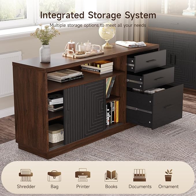 ONBRILL 55" Electric Standing Desk with 55" File Cabinet, Adjustable Height Home Office Furniture Set with Monitor Stand and 3 Drawers, Executive Workstationfor Home Office, Walnut