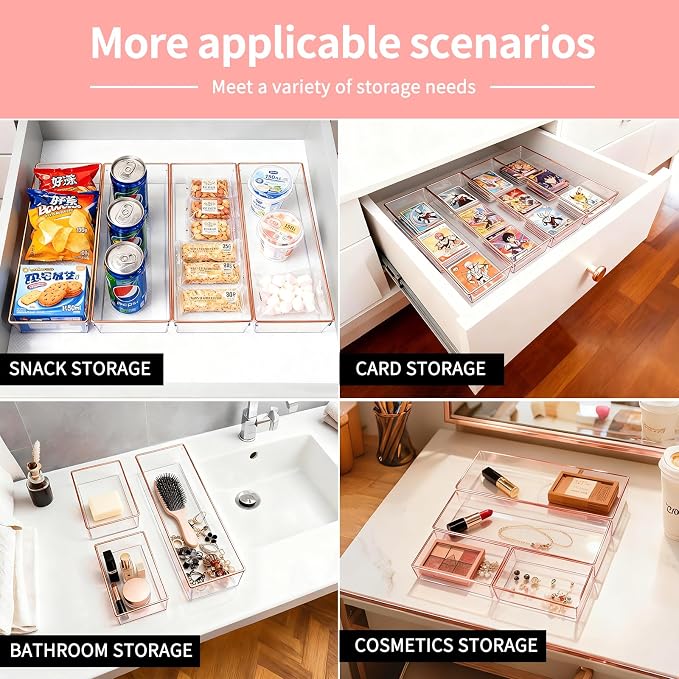 4 Pack Large Size Clear Stackable Drawer Organizer Trays, Rose Gold Rim Makeup Drawer Storage Tray Divider, Desk Storage for Makeup, Jewelry, Bathroom, Stationary, Kitchen Utensils and Office Desk