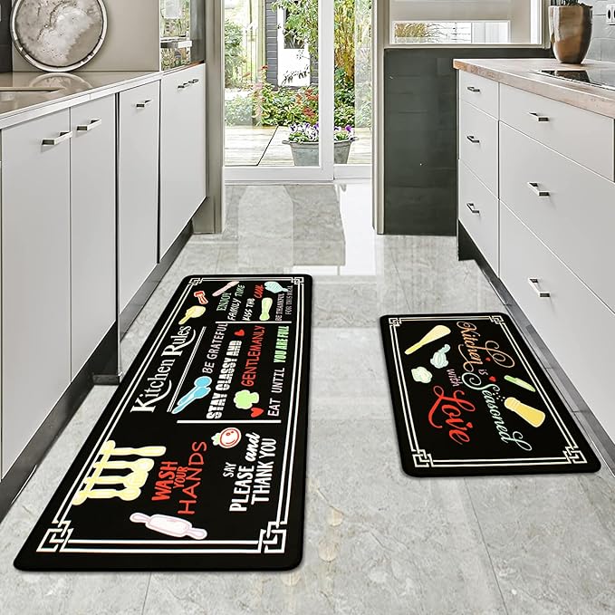 Kitchen Rug Sets of 2 Piece Non Slip Kitchen Rugs and Mats Washable Kitchen Mats for Floor Kitchen Carpet Runner Rugs Decor for Laundry Bathroom Living Room,Colorful Kitchen Rules 20"x 59"+20"x 32"