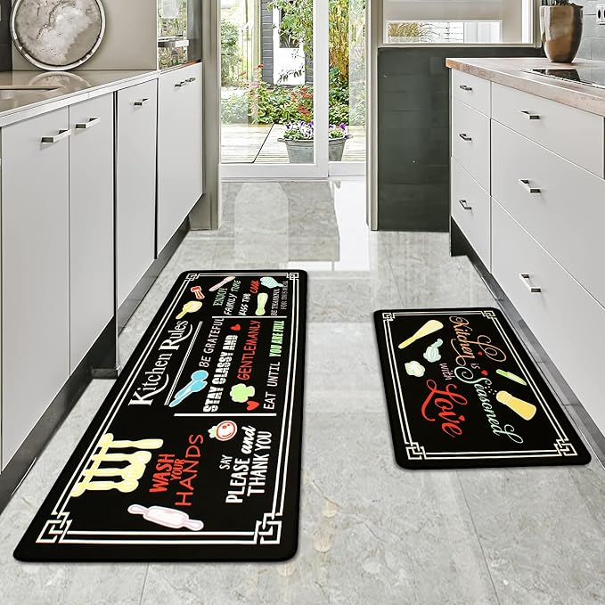 Voanos Black Kitchen Rugs,Non Skid Washable Microfiber Kitchen mats for Floor,Kitchen Rules Theme Kitchen Cushioned Runner Rug Decor Sets of 2,Size 17"x 47"+17"x 30"
