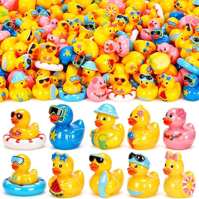 200 Pcs Summer Mini Resin Ducks 10 Styles Hawaii Beach Tiny Cruise Ducks to Hide Miniature Duck Figurines for Summer Swimming Pool Party Cruise Ship Game DIY Craft Cake Aquarium Desktop Decor